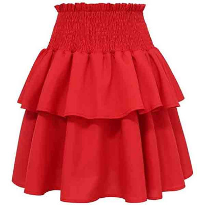 Women's High Waist Layered Ruffle Hem Flared Mini Skirt Boho Solid Smocked A Line Flowy Beach Short Skirt