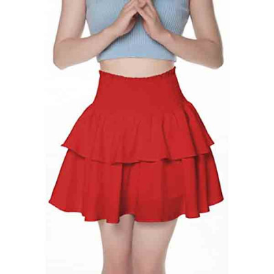 Women's High Waist Layered Ruffle Hem Flared Mini Skirt Boho Solid Smocked A Line Flowy Beach Short Skirt