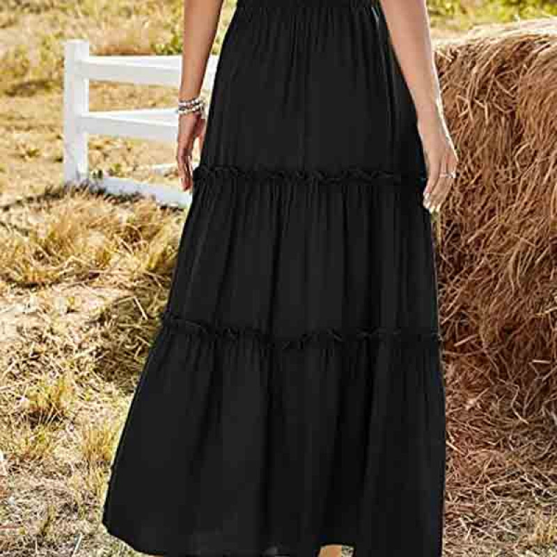 Women's Elastic High Waist A Line Layer Ruffle Swing Casual Long Maxi Skirt