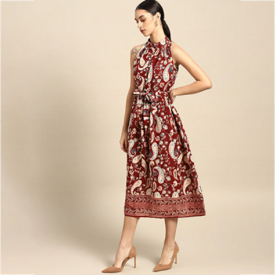 Maroon & Beige Ethnic Motifs Halter Neck A-Line Maxi Dress